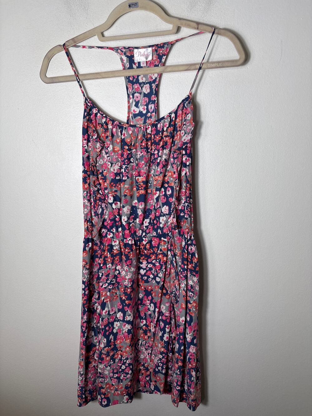 Parker Pink Navy Floral Sleeveless Silk Dress Sz M